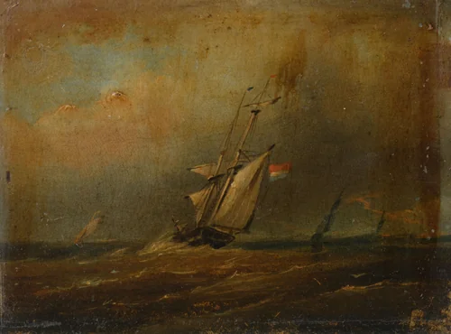 Woelige zee met zeilschepen by anonymous, painting, 1825-1874