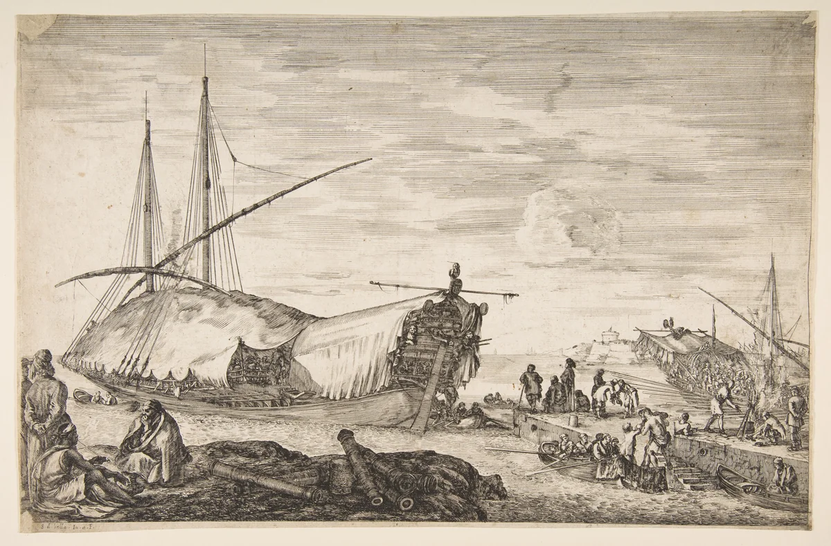 A galley covered in sails to left, six cannons and four people to left in foreground, one man seated at far left smoking a pipe, a man assisting others disembarking from rowboats to right, other rowboats and ships in the background, from 'Views of the port of Livorno' (Vues du port de Livourne) by Stefano della Bella, print, 1655