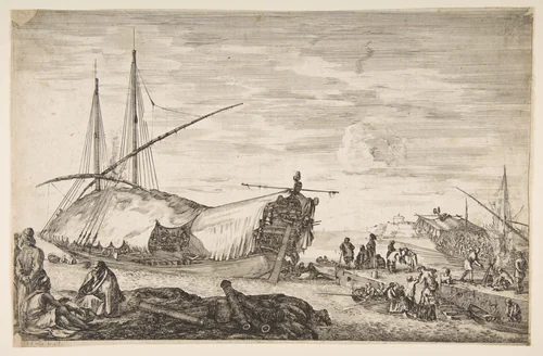 A galley covered in sails to left, six cannons and four people to left in foreground, one man seated at far left smoking a pipe, a man assisting others disembarking from rowboats to right, other rowboats and ships in the background, from 'Views of the port of Livorno' (Vues du port de Livourne) by Stefano della Bella, print, 1655