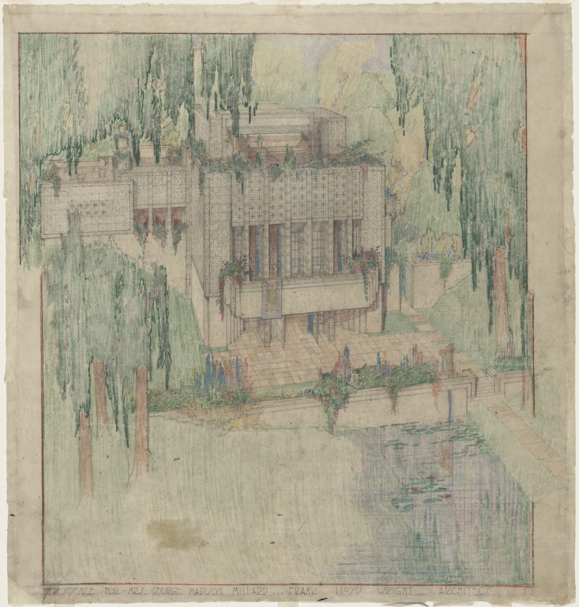 Millard House (La Miniatura), Pasadena, California (Exterior perspective from the garden) by Frank Lloyd Wright, architecture, 1923
