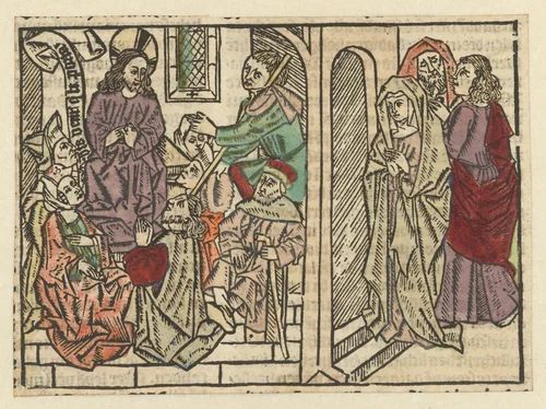 Christus wordt gezocht door zijn moeder en broeders by Unknown, print, 1485-1491