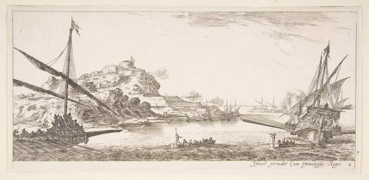 Plate 8: A the bow of a galley at left and another galley at right, seen from behind, two rowboats in center, a hill with a fortress in the background, from 'Various landscapes' (Divers paysages) by Stefano della Bella, print, 1636-1646