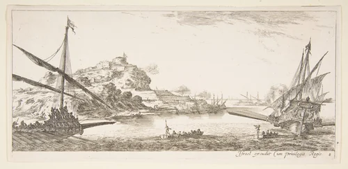 Plate 8: A the bow of a galley at left and another galley at right, seen from behind, two rowboats in center, a hill with a fortress in the background, from 'Various landscapes' (Divers paysages) by Stefano della Bella, print, 1636-1646