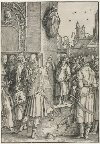 The Power of Women: The Poet Virgil Suspended in a Basket by Lucas van Leyden, print, 1507-1517