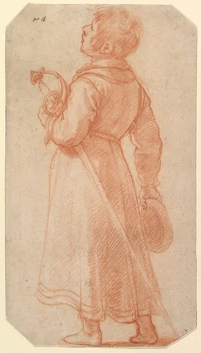 A Young Boy Seen from Behind, holding a sword and cap by Matteo Rosselli, drawing, 1590-1650