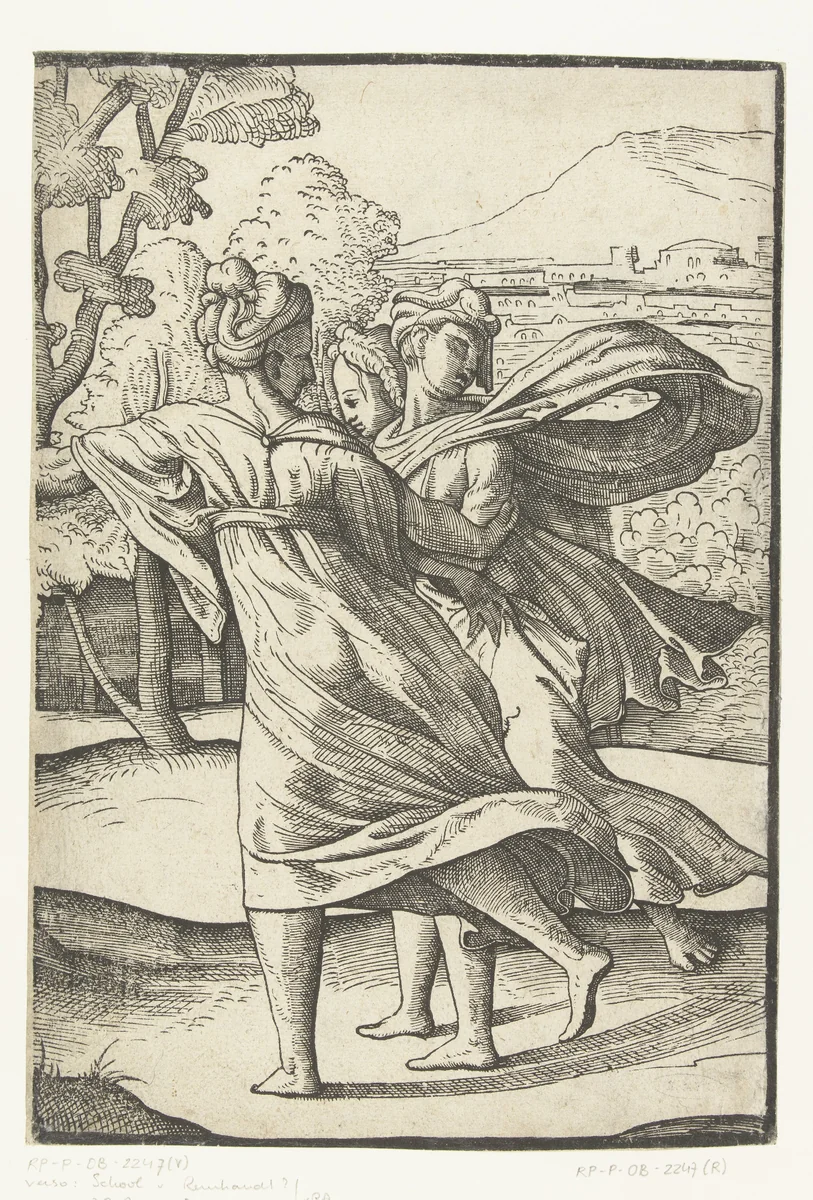 Drie rennende vrouwen by Unknown, print, 1540-1545