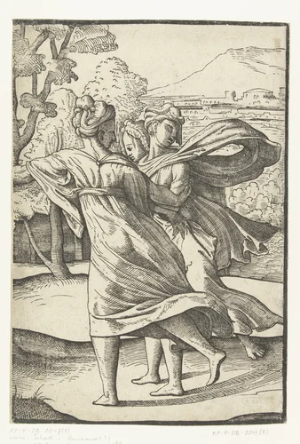 Drie rennende vrouwen by Unknown, print, 1540-1545