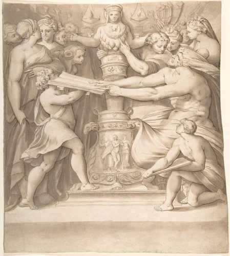 Figures Adoring a Statue of the "Magna Mater" by Joseph Heintz, drawing, 1585