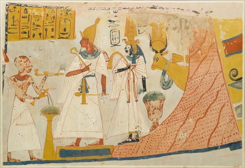 Deceased censing and libating to the deified Mentuhotep and Ahmose-Nefertari, with the Hathor cow emerging from the mountain; Tomb of Ameneminet by Charles K. Wilkinson, artwork, -1295--1170