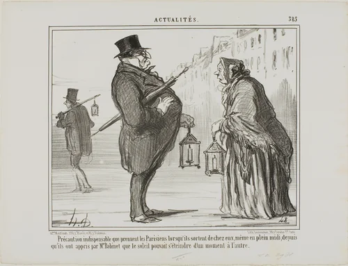 Ever since Mr. Babinet had announced that the sun might disappear from one moment to the next, the Parisians are taking all necessary precautions, even at mid-day, plate 385 from Actualités by Honoré-Victorin Daumier, print, 1857