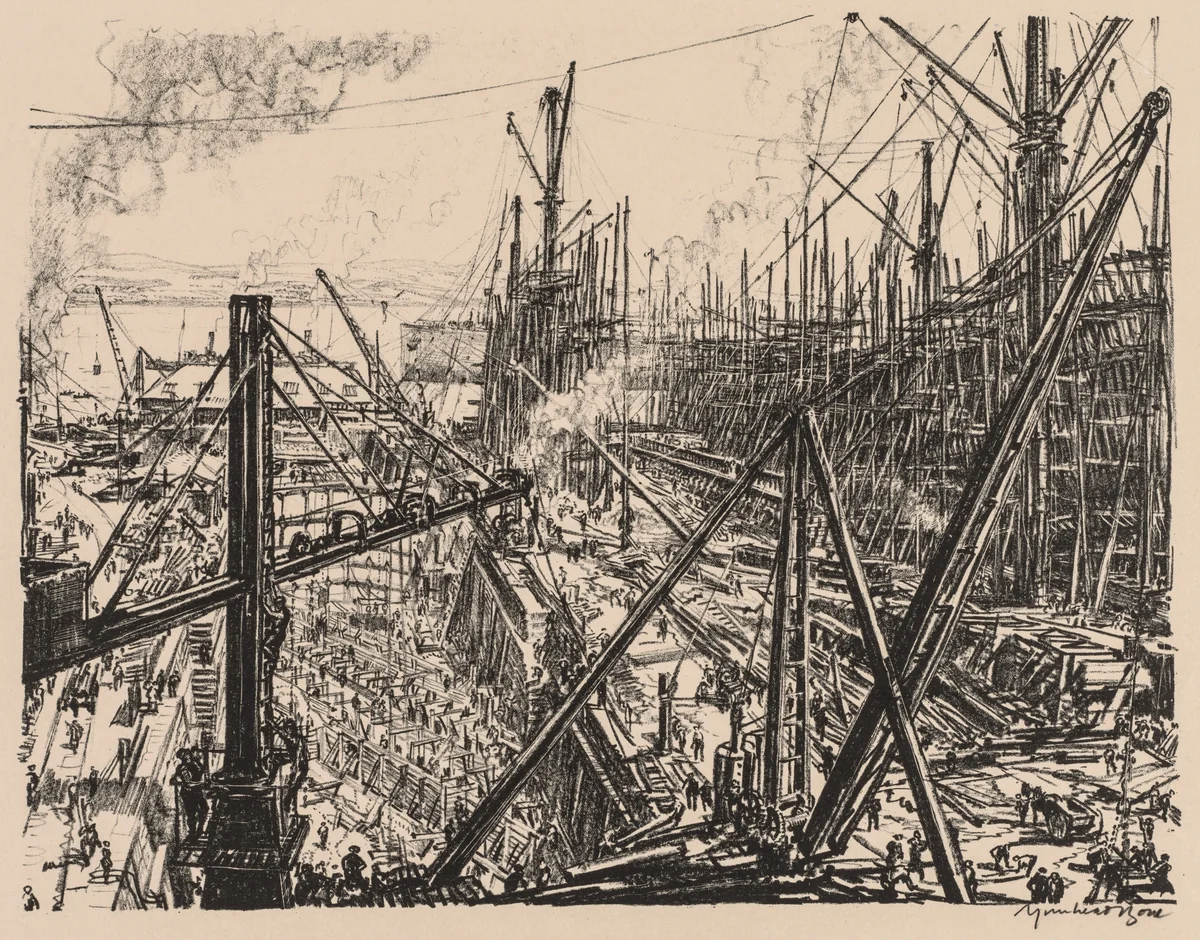 On the Clyde, 1917-1918: Reconstructing a Clyde Shipyard by Muirhead Bone, print, 1917-1918