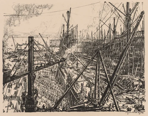 On the Clyde, 1917-1918: Reconstructing a Clyde Shipyard by Muirhead Bone, print, 1917-1918