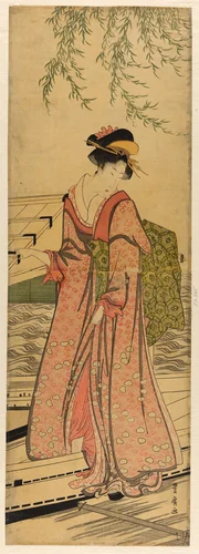 Young woman stepping out of a boat by Utagawa Toyohiro (歌川豊広), print