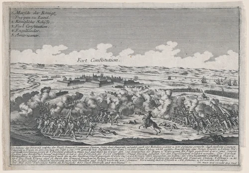 Attack on Fort Constitution, October 7, 1777 by Johann Martin Will, print, 1777-1783