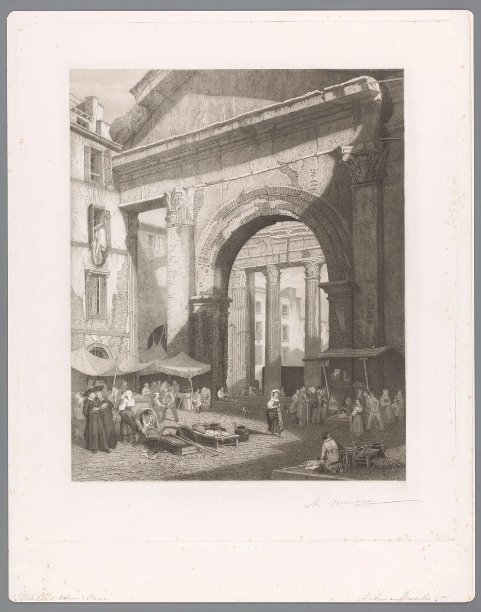 Vismarkt bij de Porticus van Octavia te Rome by Auguste Numans, print, 1833-1883