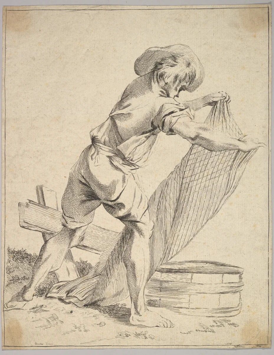 Peasant Holding Fish Net by François Boucher, print, 1720-1800
