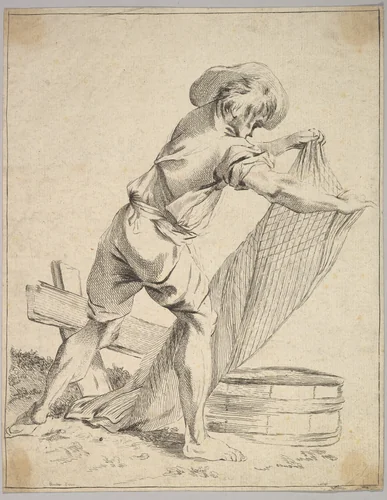 Peasant Holding Fish Net by François Boucher, print, 1720-1800