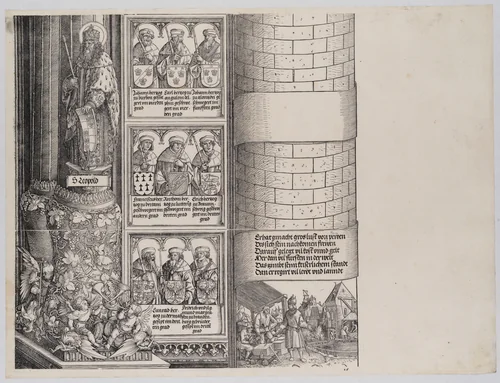 Maximilian as Architect; with a Statue of St. Leopold; and Busts of Maximilian's Ancestors and Relatives, from the Arch of Honor, proof, dated 1515, printed 1517-18 by Albrecht Dürer, print, 1517-1518