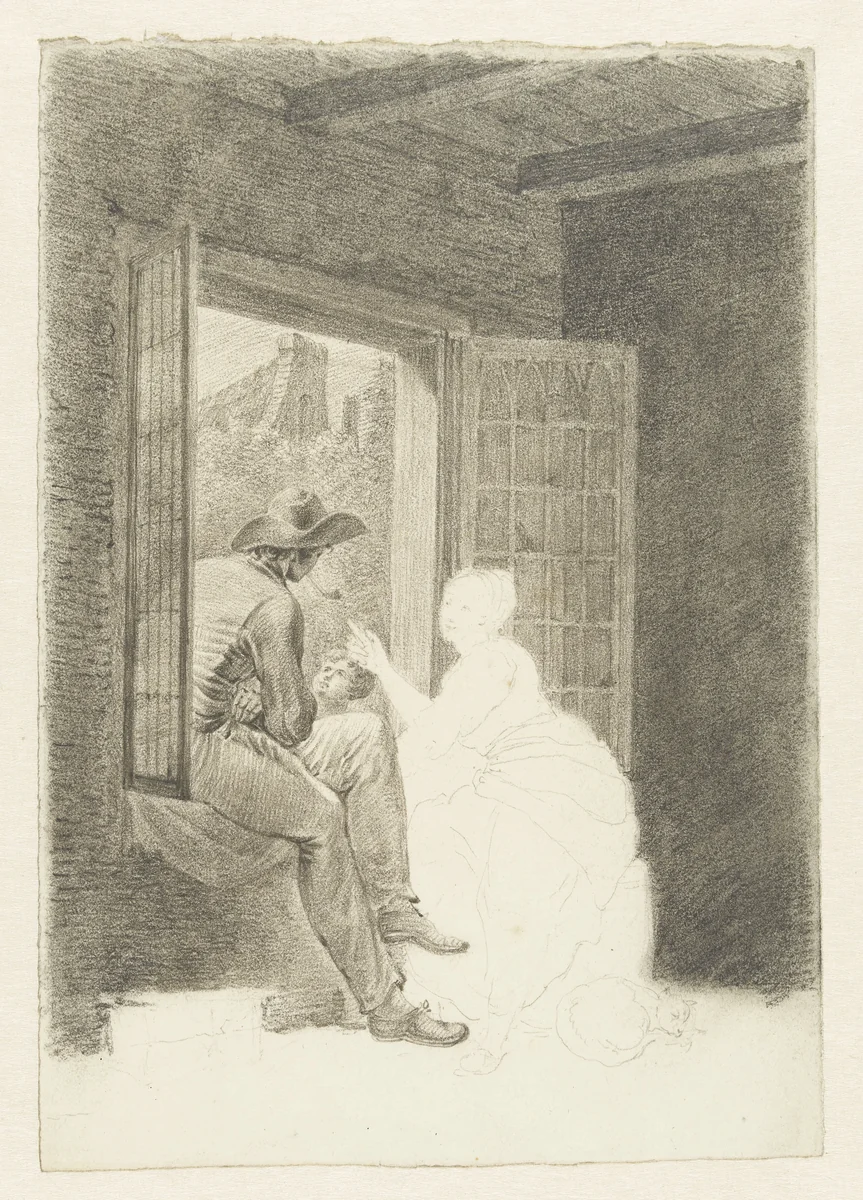 Man, vrouw en kind in gesprek bij een open raam by Pieter Bartholomeusz. Barbiers, drawing, 1782-1837