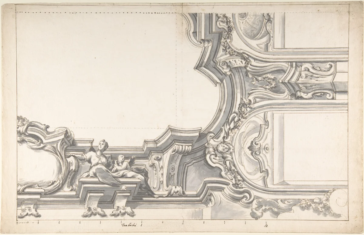 Design for an Elaborate Cornice with a Cartouche and Figures Supporting a Ceiling, with Two Arched Openings by anonymous, drawing, 1700-1780