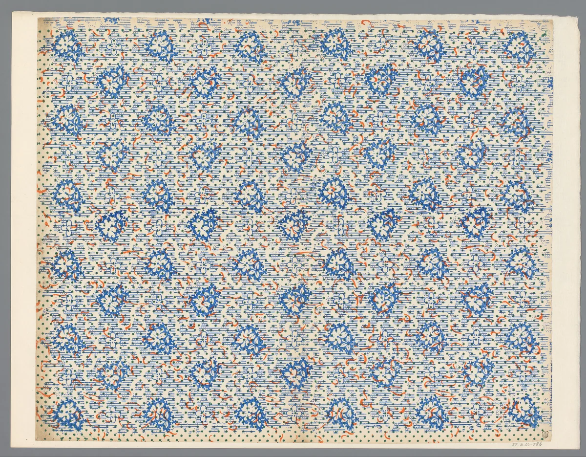 Blad met alternerend strooipatroon van bloemen en onderbroken lijnenfond by anonymous, print, 1800-1900