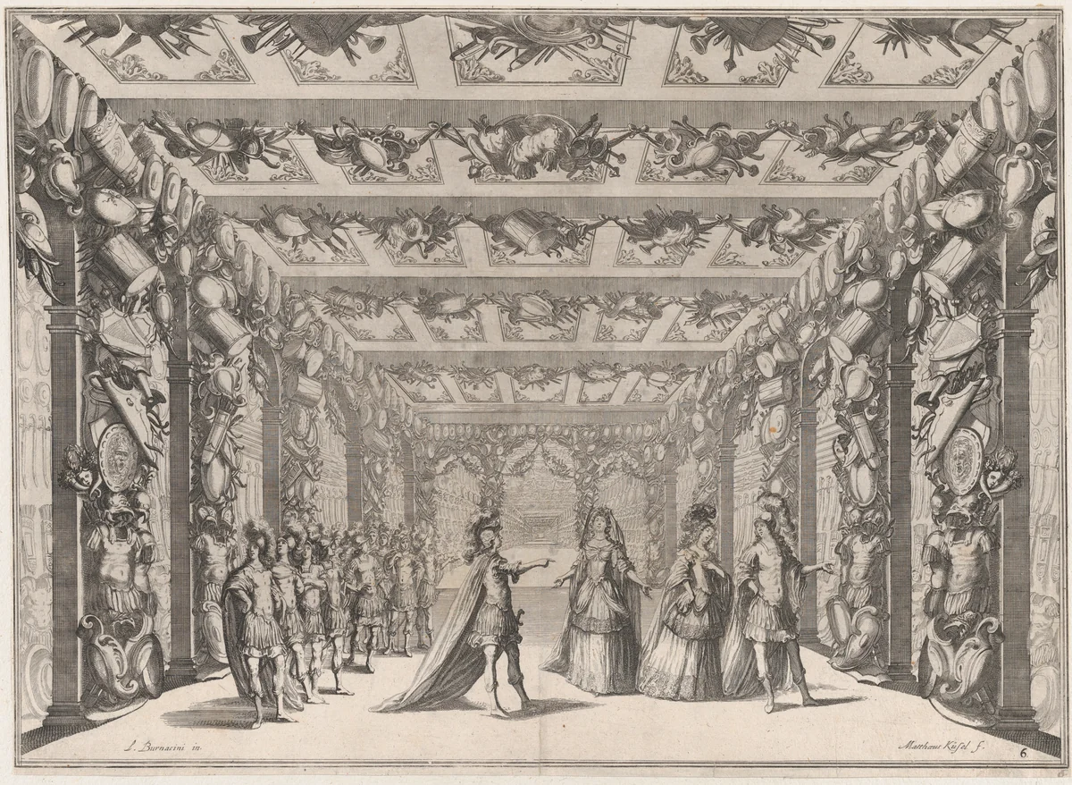 The Arsenal; two soldiers conversing with two women on the right as a group of soldiers look on from the left; set design from 'Il Fuoco Eterno' by Mathäus Küsel, print, 1674