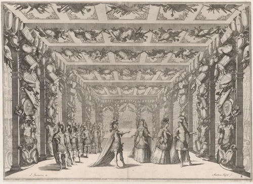 The Arsenal; two soldiers conversing with two women on the right as a group of soldiers look on from the left; set design from 'Il Fuoco Eterno' by Mathäus Küsel, print, 1674