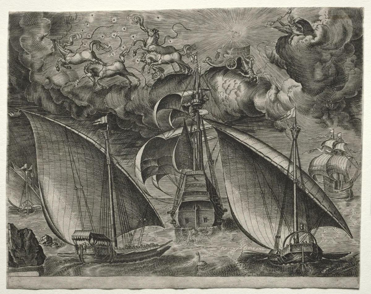 Sailing Vessels: Two Galleys Sailing Behind an Armed Three-Master with Phaeton and Jupiter in the Sky by Pieter Bruegel, print, 1561-1565