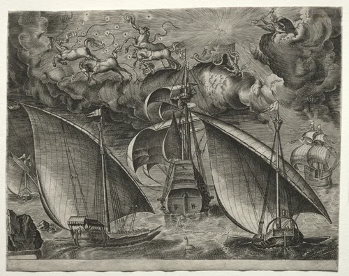 Sailing Vessels: Two Galleys Sailing Behind an Armed Three-Master with Phaeton and Jupiter in the Sky by Pieter Bruegel, print, 1561-1565