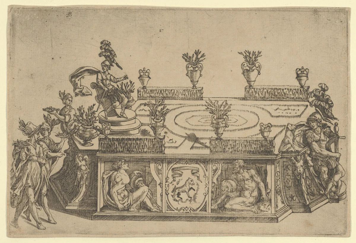 Triumphal car from the marriage of Ferdinand de' Medici and Christine of Lorraine by Cherubino Alberti, print, 1589