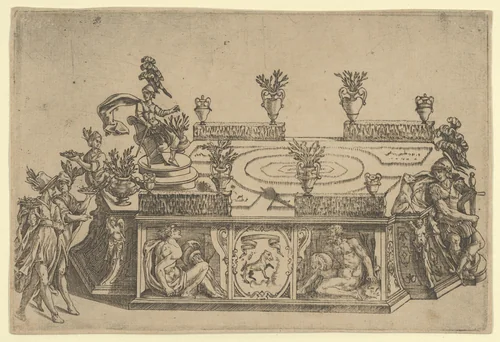 Triumphal car from the marriage of Ferdinand de' Medici and Christine of Lorraine by Cherubino Alberti, print, 1589