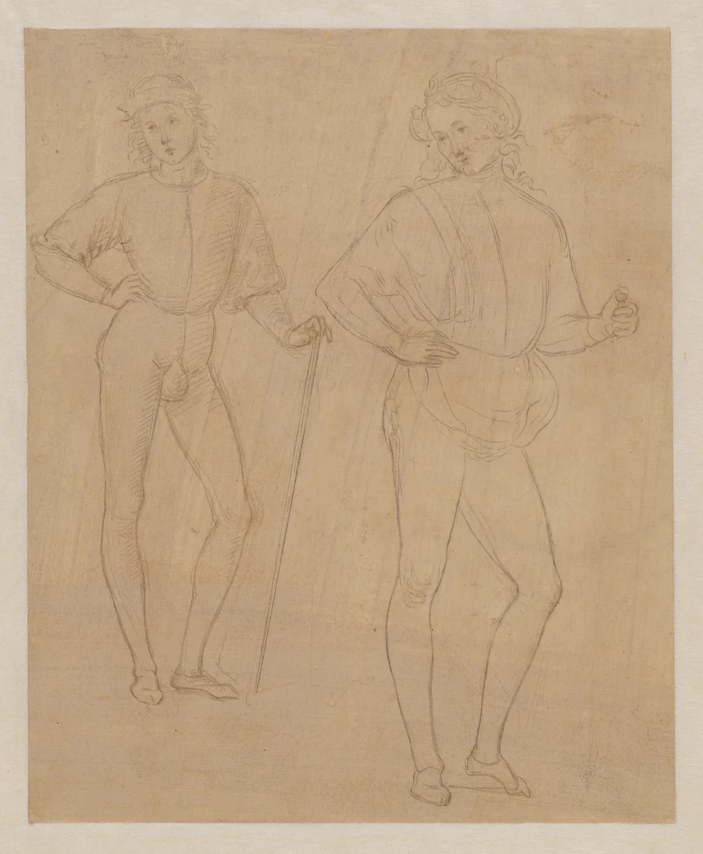 Two Studies of a Standing Youth in Quattrocento Clothing (recto); a cardinal's hat on a fragmentary coat of arms with a griffin (the arms of the city of Perugia) (verso) by Pietro di Cristoforo Vannucci, drawing, 1501-1507