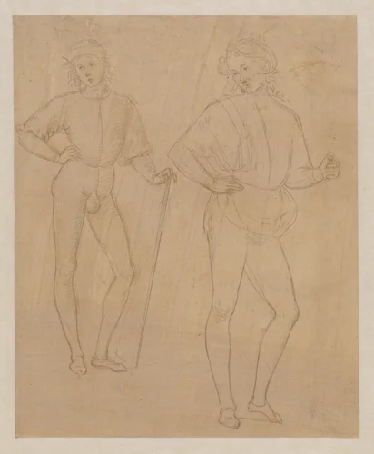 Two Studies of a Standing Youth in Quattrocento Clothing (recto); a cardinal's hat on a fragmentary coat of arms with a griffin (the arms of the city of Perugia) (verso) by Pietro di Cristoforo Vannucci, drawing, 1501-1507