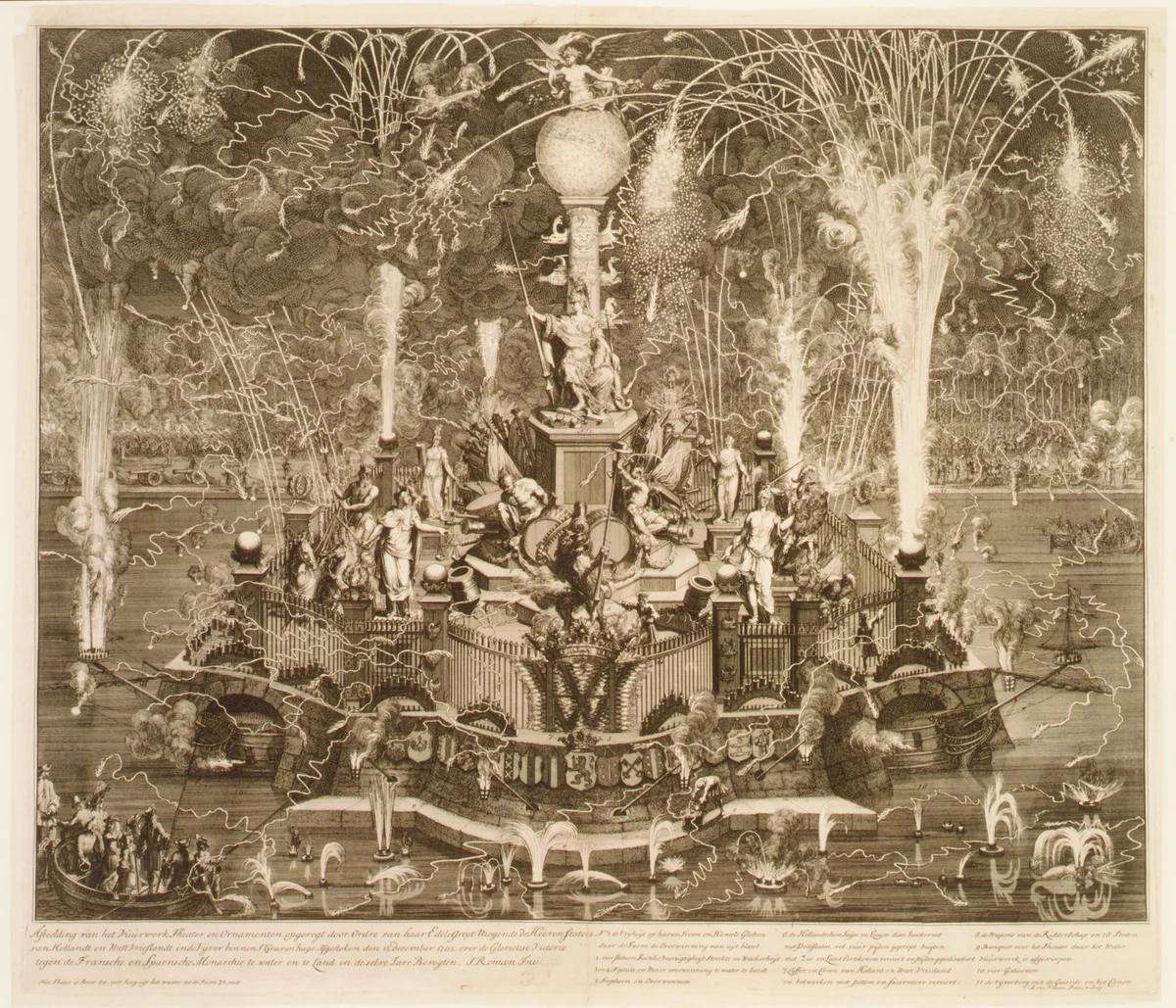 The Dutch Victory over the French and Spanish at Vigo Bay: Fireworks in the Hague, December 13, 1702 by Jan van Vianen, print, 1702-1726