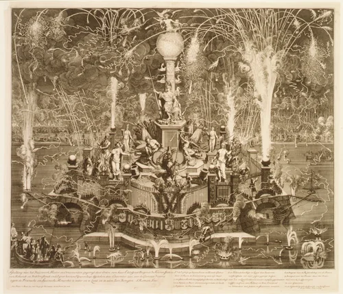 The Dutch Victory over the French and Spanish at Vigo Bay: Fireworks in the Hague, December 13, 1702 by Jan van Vianen, print, 1702-1726