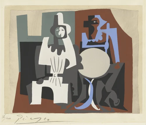 Pierrot and Harlequin, Seated from the series Dix Pochoirs by Pablo Picasso, print, 1921