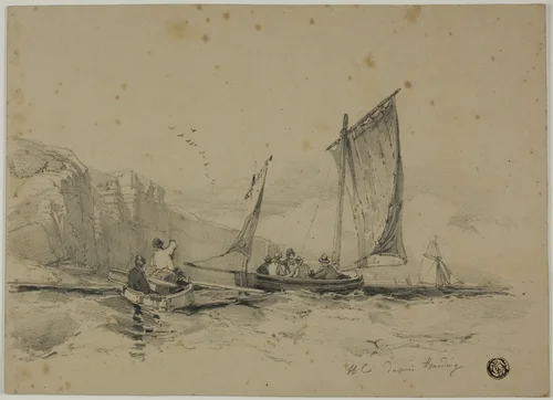Fishing Boats Near Cliffs by James Duffield Harding, drawing, 1818-1863