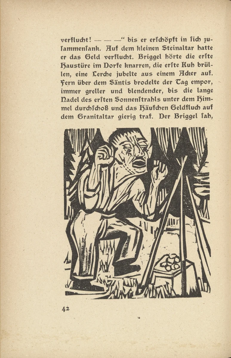 Briggel: Briggel Cursing Money (Der Briggel: Briggel verflucht das Geld) (in-text plate, page 42) from Neben der Heerstrasse (Off the Main Road) by Ernst Ludwig Kirchner, illustrated book, 1923