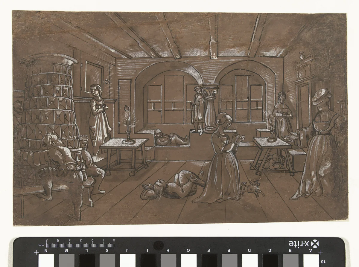 Interieur waar acht kinderen blindeman spelen by Unknown, drawing, 1500-1599