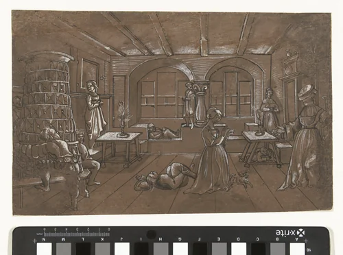 Interieur waar acht kinderen blindeman spelen by Unknown, drawing, 1500-1599