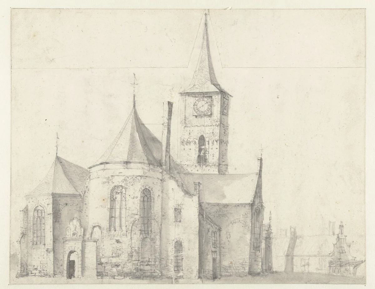 Romaanse kerk, gezien vanuit het noordoosten. by Jan Abrahamsz. Beerstraten, drawing, 1600-1699