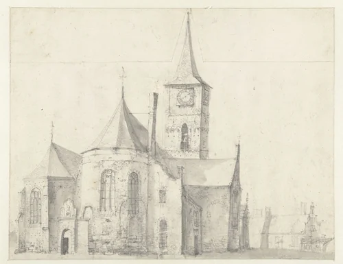 Romaanse kerk, gezien vanuit het noordoosten. by Jan Abrahamsz. Beerstraten, drawing, 1600-1699