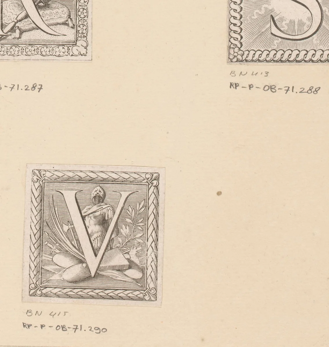 Letter V met wapenrusting by Claude Mellan, print, 1639-1643