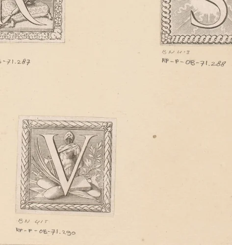 Letter V met wapenrusting by Claude Mellan, print, 1639-1643