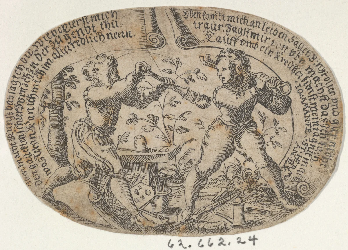 The Young Painter and Young Goldsmith, from The Duels of the Workmen by Jost Amman, print, 1588