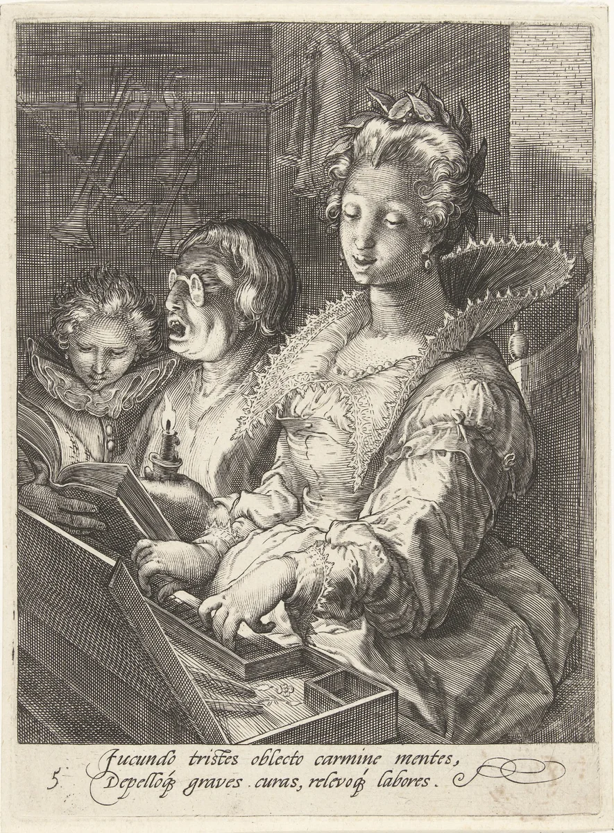 Muziek (Musica) by Cornelis Drebbel, print, 1587-1605