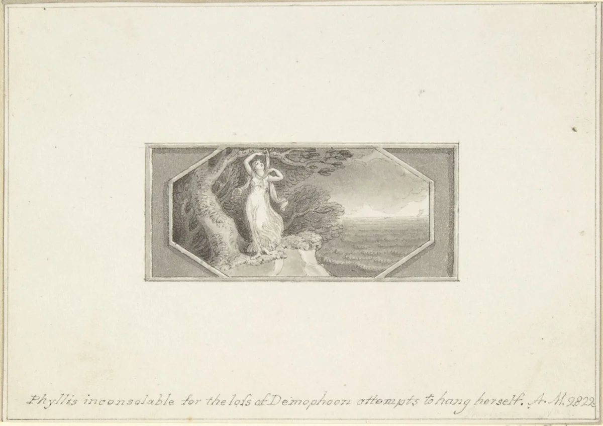 Phyllis inconsolable for the loss of Demophoon, attempts to hang herself by Edward Francis Burney, drawing, 1790-1800