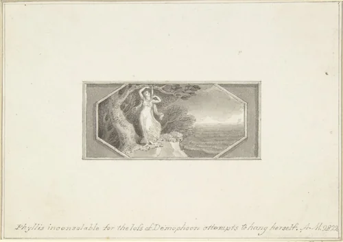 Phyllis inconsolable for the loss of Demophoon, attempts to hang herself by Edward Francis Burney, drawing, 1790-1800