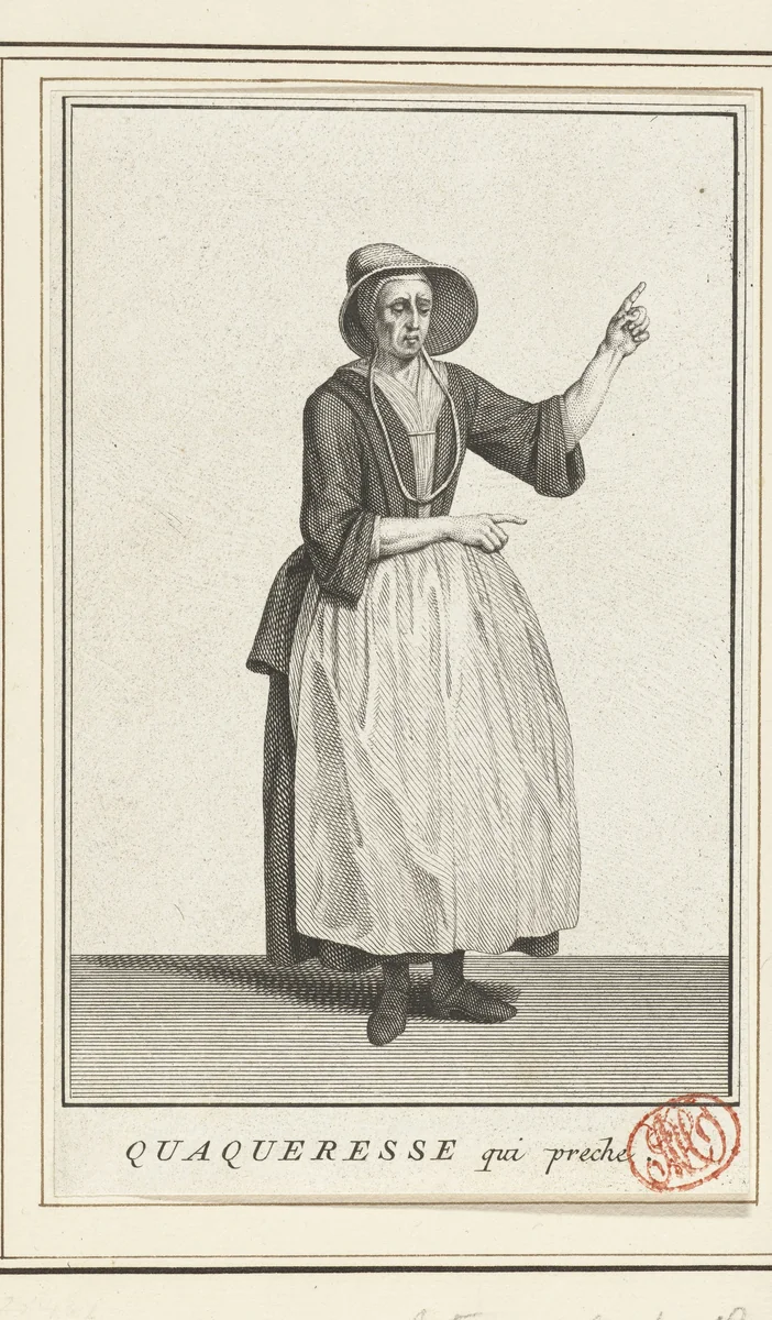 Predikende vrouwelijke quaker by Balthasar Bernards, print, 1736-1738