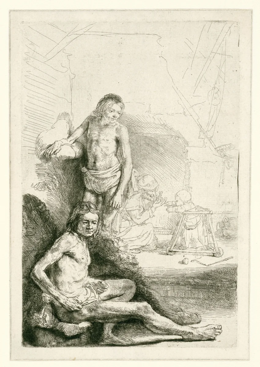 Male nude, seated and standing by Rembrandt van Rijn, print, 1646